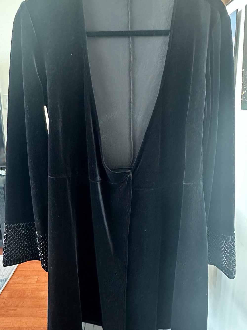 Zara Black Velvet Open-Front Duster with Embellished Cuffs